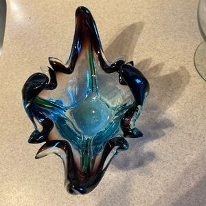 Vintage Murano style Art Glass dish. Teal and purple. Excellent condition